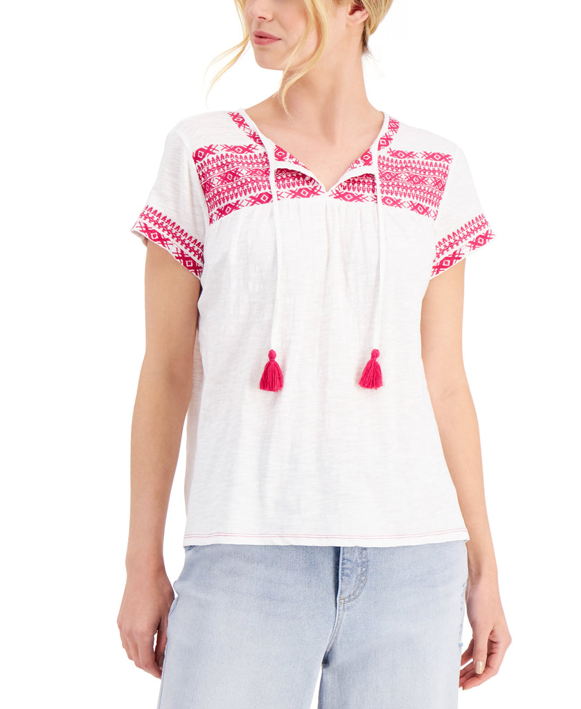 Style & Co Women Cotton Embroidered Vacation Top Bright White