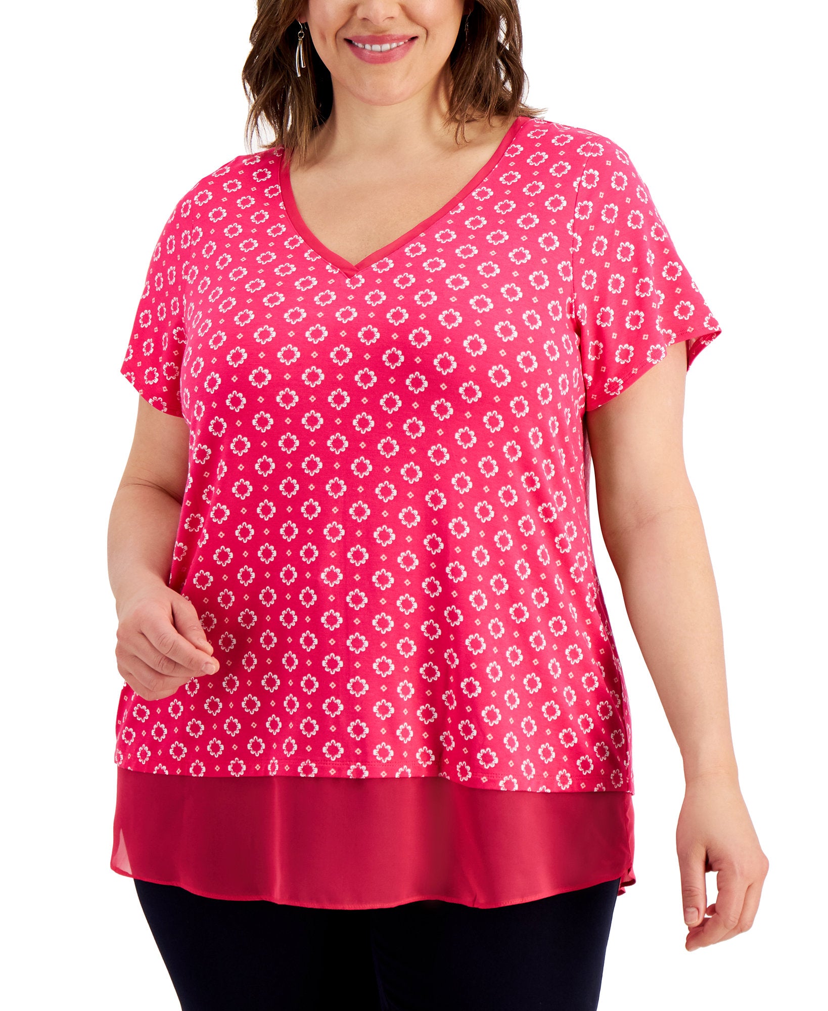 JM Collection Women Plus Mina Contrast Trim Top Berry Sorbet