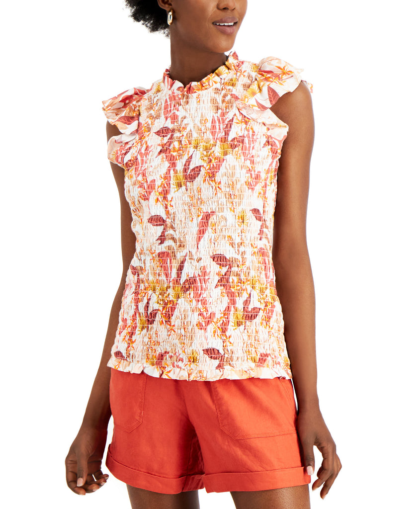 INC International Concepts Women Floral Print Smocked Sleeveless Top Kauai Blooms