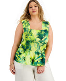 INC International Concepts Women Plus Printed Smocked Waist Peplum Top Rio Palms