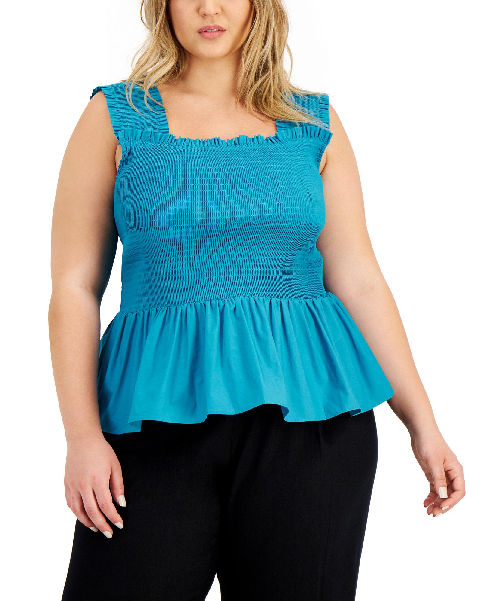 INC International Concepts Women Plus Smocked Waist Peplum Top Aztec Teal