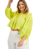 INC International Concepts Women Plus Cotton Cropped Peasant Top Lime Shock