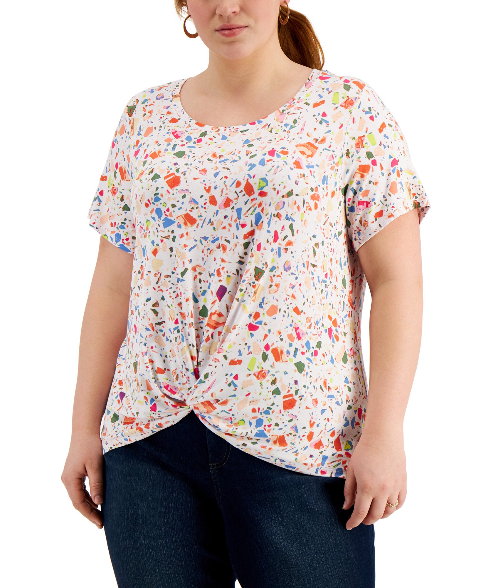Style & Co Women Plus Printed Twist Hem Top Ocean Tiles White