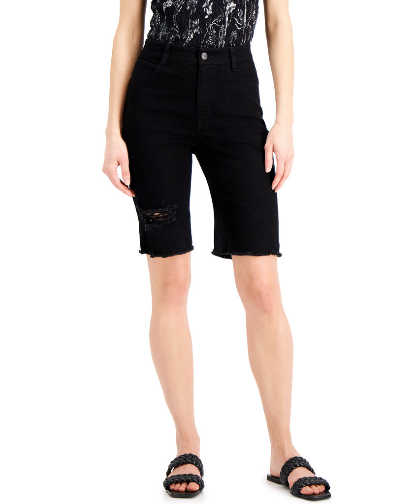 INC International Concepts Women Ripped Denim Bermuda Shorts Black