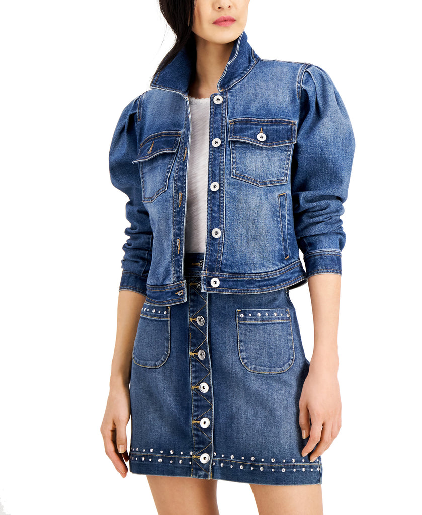 INC International Concepts Women Volume Sleeve Denim Jacket Dark Indigo