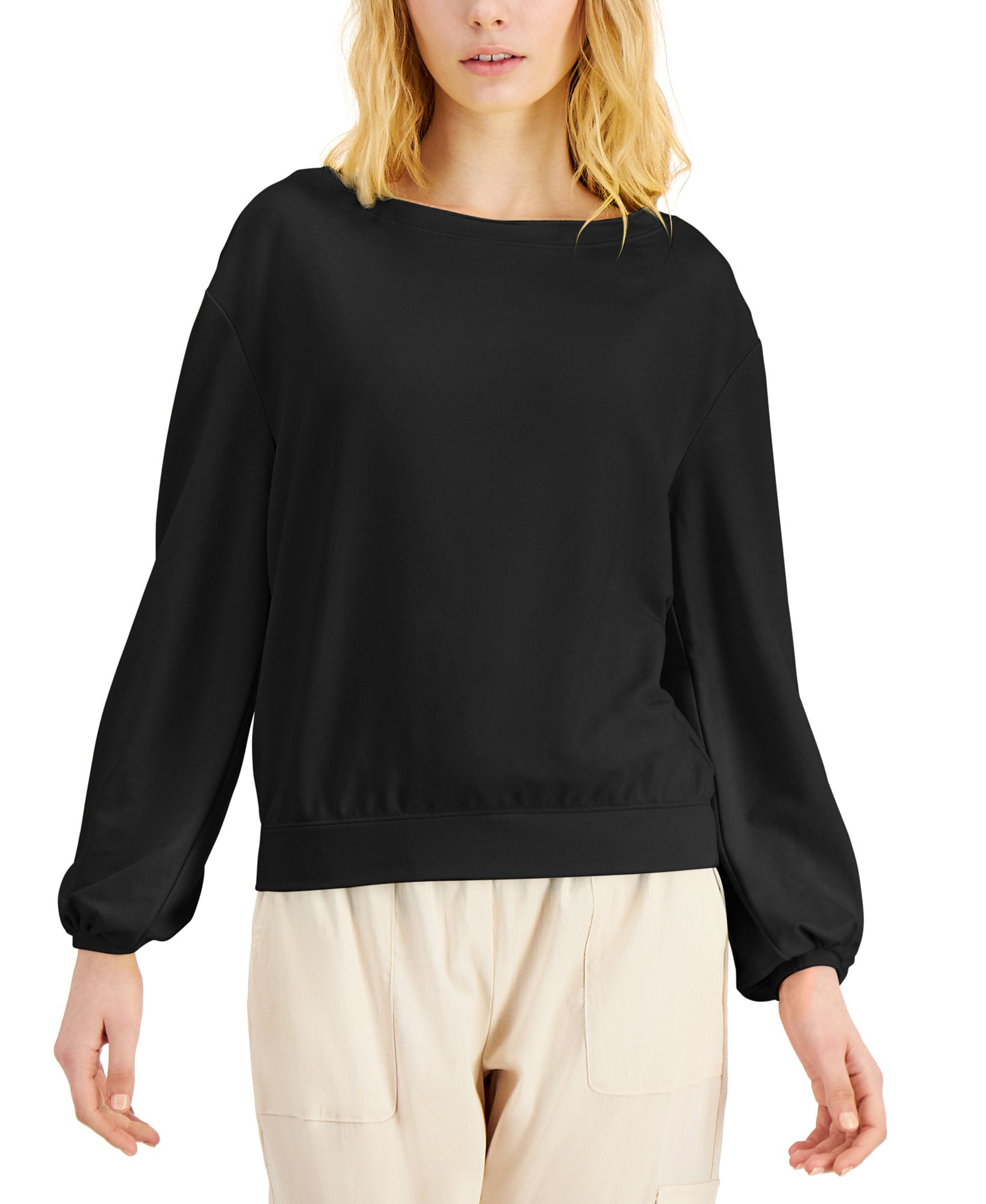 INC International Concepts Women EARTH Drop Shoulder Sweatshirt Deep Black