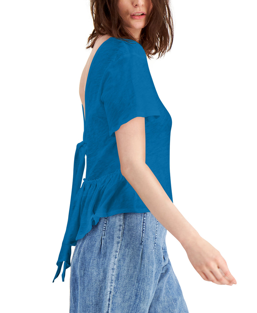 INC International Concepts Women Cotton Tie Back Ruffled Top Resort Blue