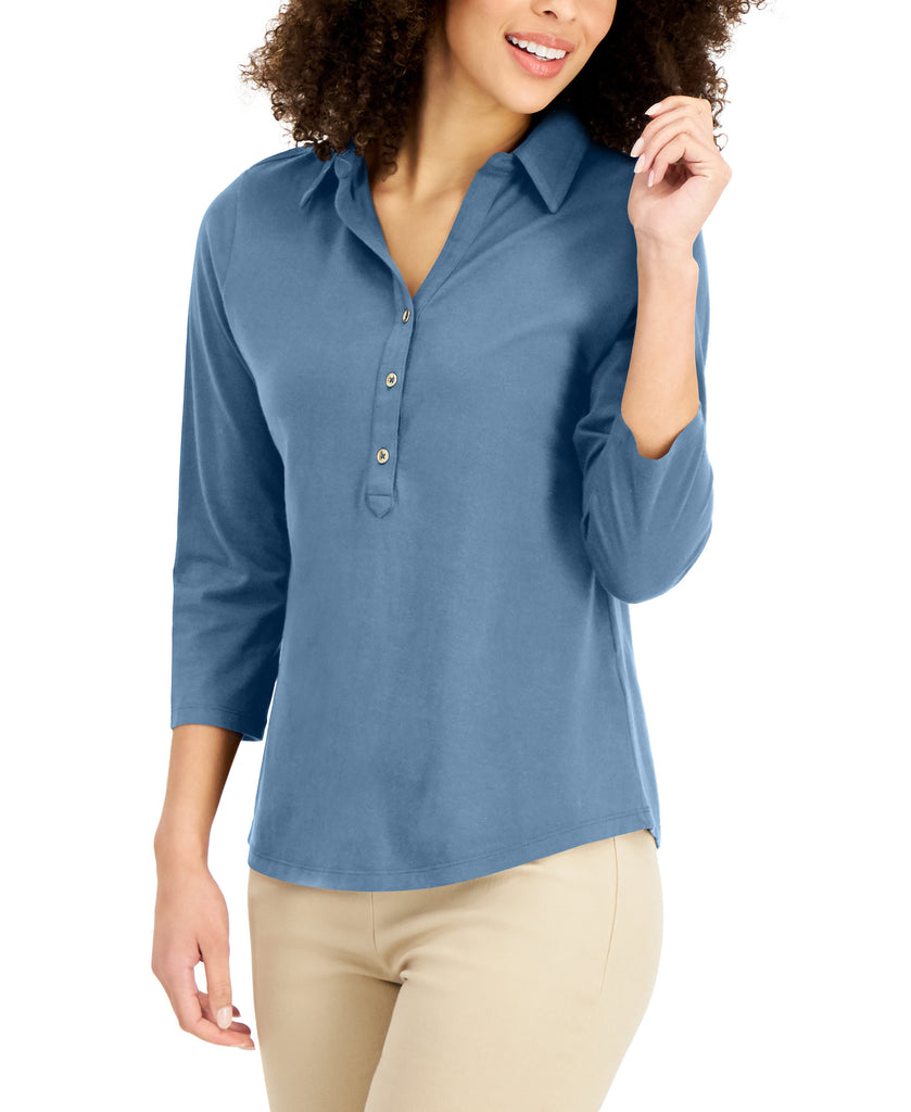 Charter Club Women Cotton Polo Top Blue Azur