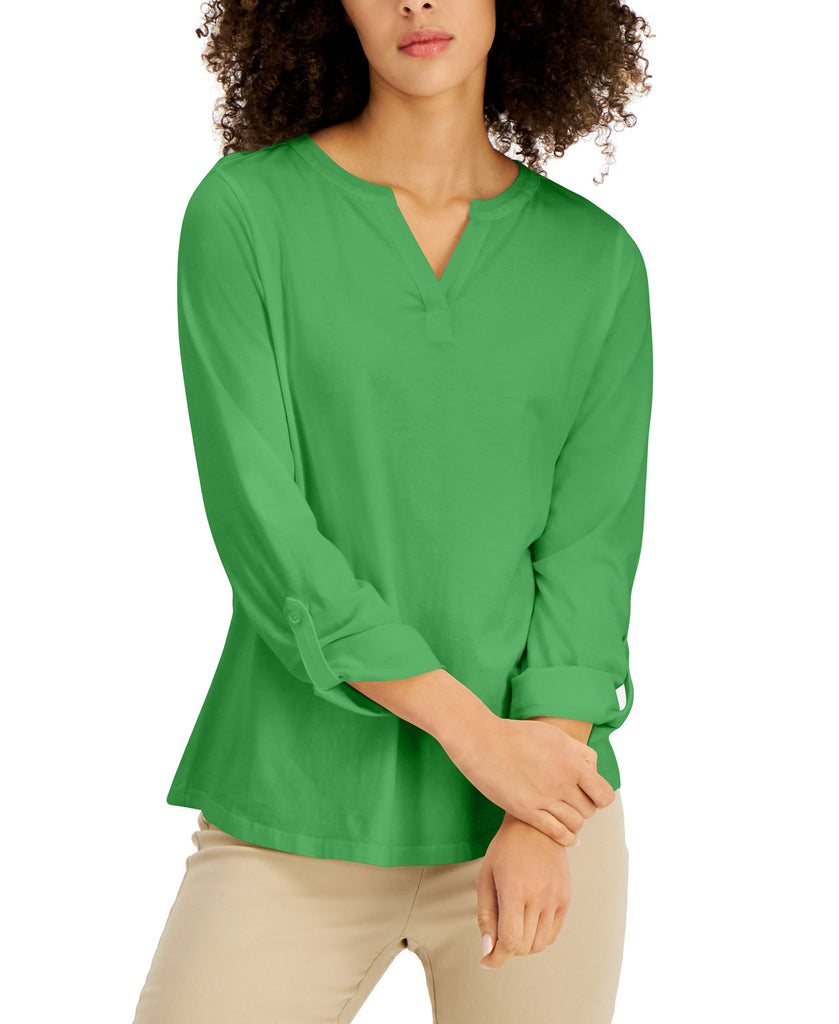 Charter Club Women Cotton Split Neck Top Grass Blade