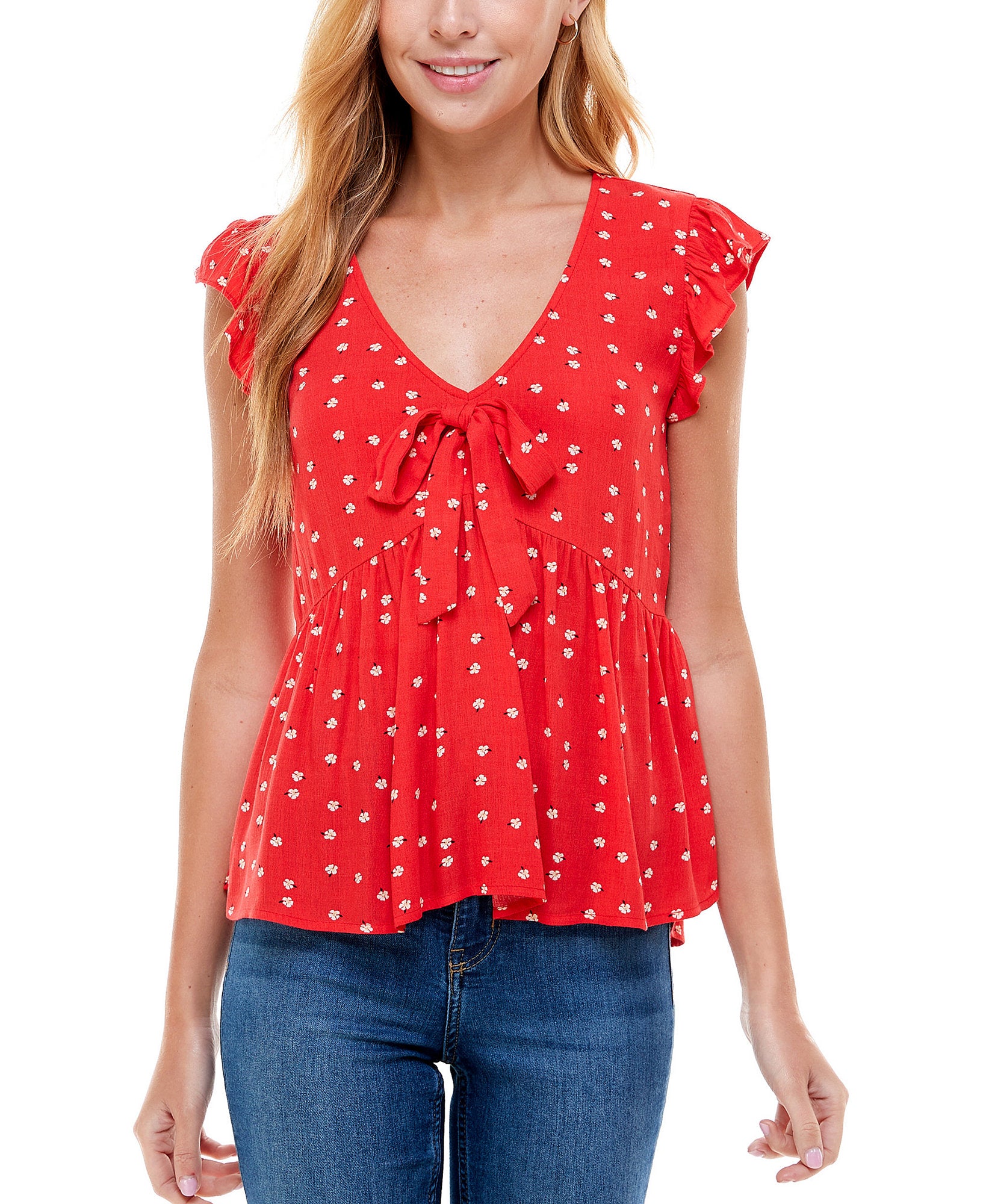 Kingston Grey Women Tie Front Babydoll Top Red Yellow