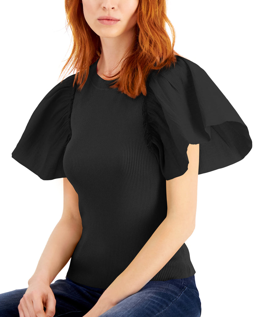 INC International Concepts Women Woven Sleeve Top Deep Black