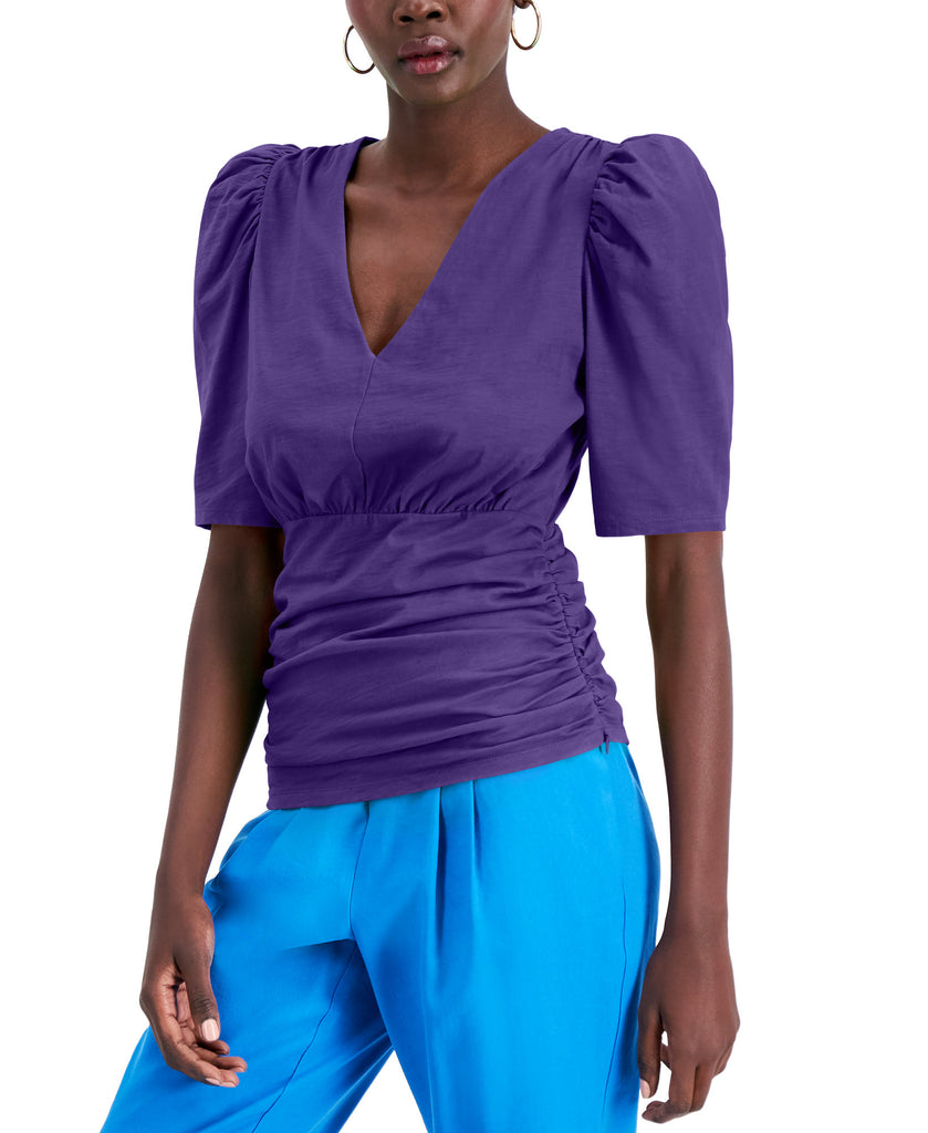 INC International Concepts Women Ruched V Neck Top Purple Lily