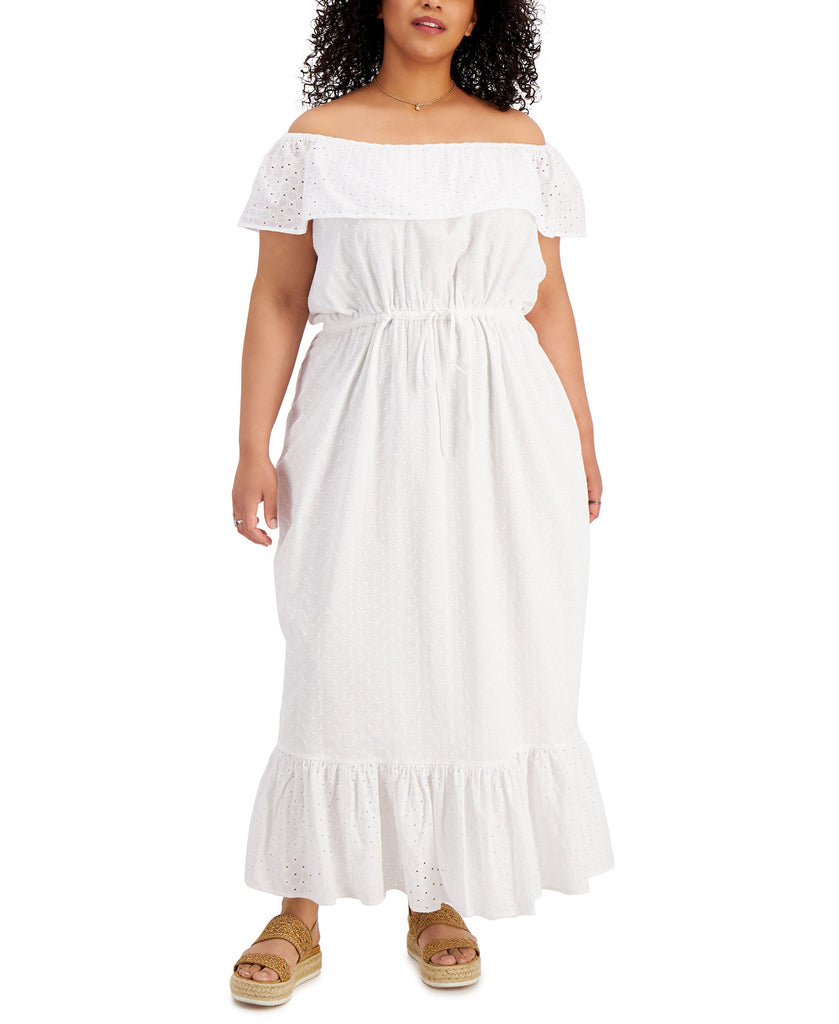 Style & Co Women Plus Eyelet Maxi Dress Bright White