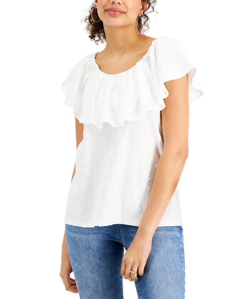 Style & Co Women Ruffle Neck Top Bright White