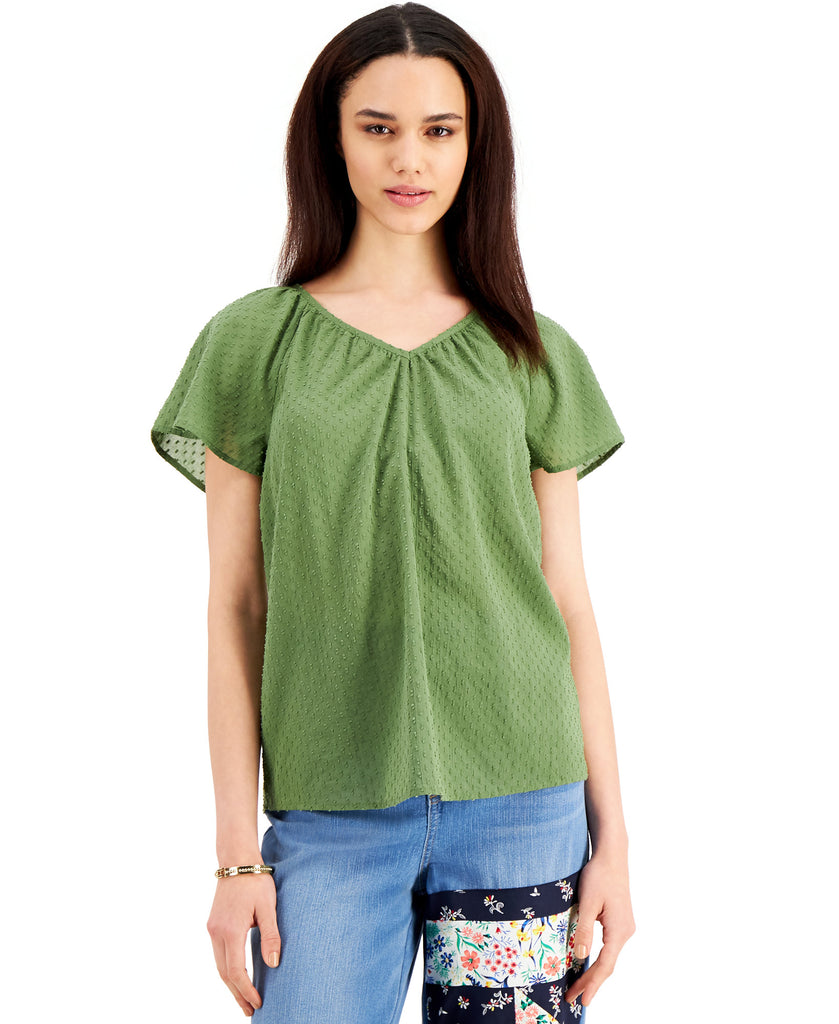 Style & Co Women Cotton Textured Flutter Sleeve Top Vine Green