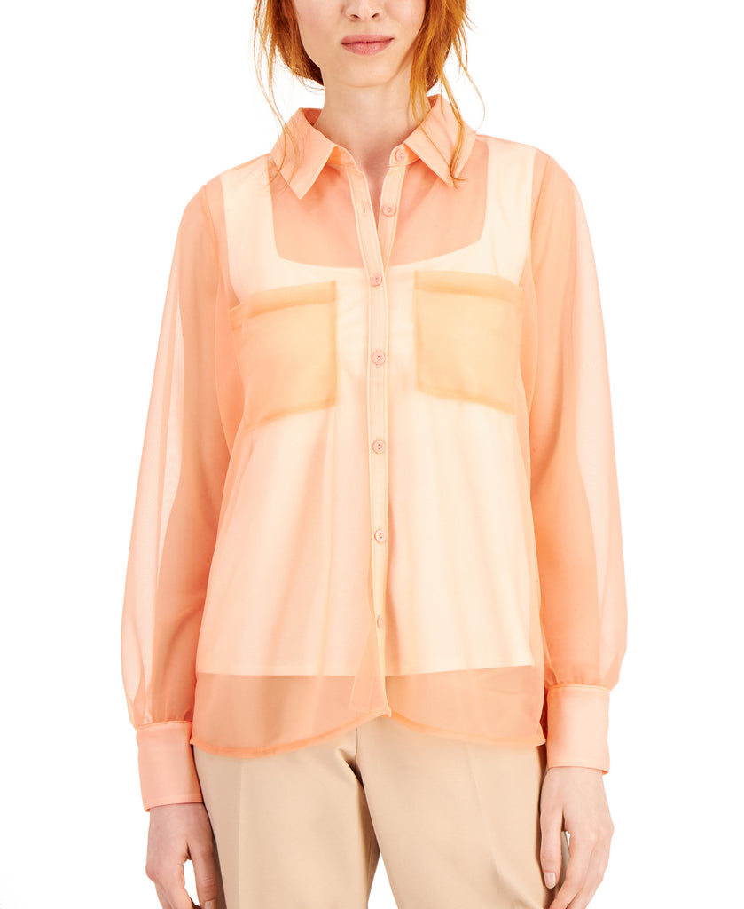 Alfani Women Sheer Collared Shirt Sierra Sunrise