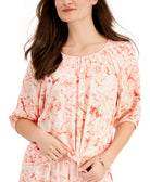JM Collection Women Petite Printed Tie Front Top Coral Banks