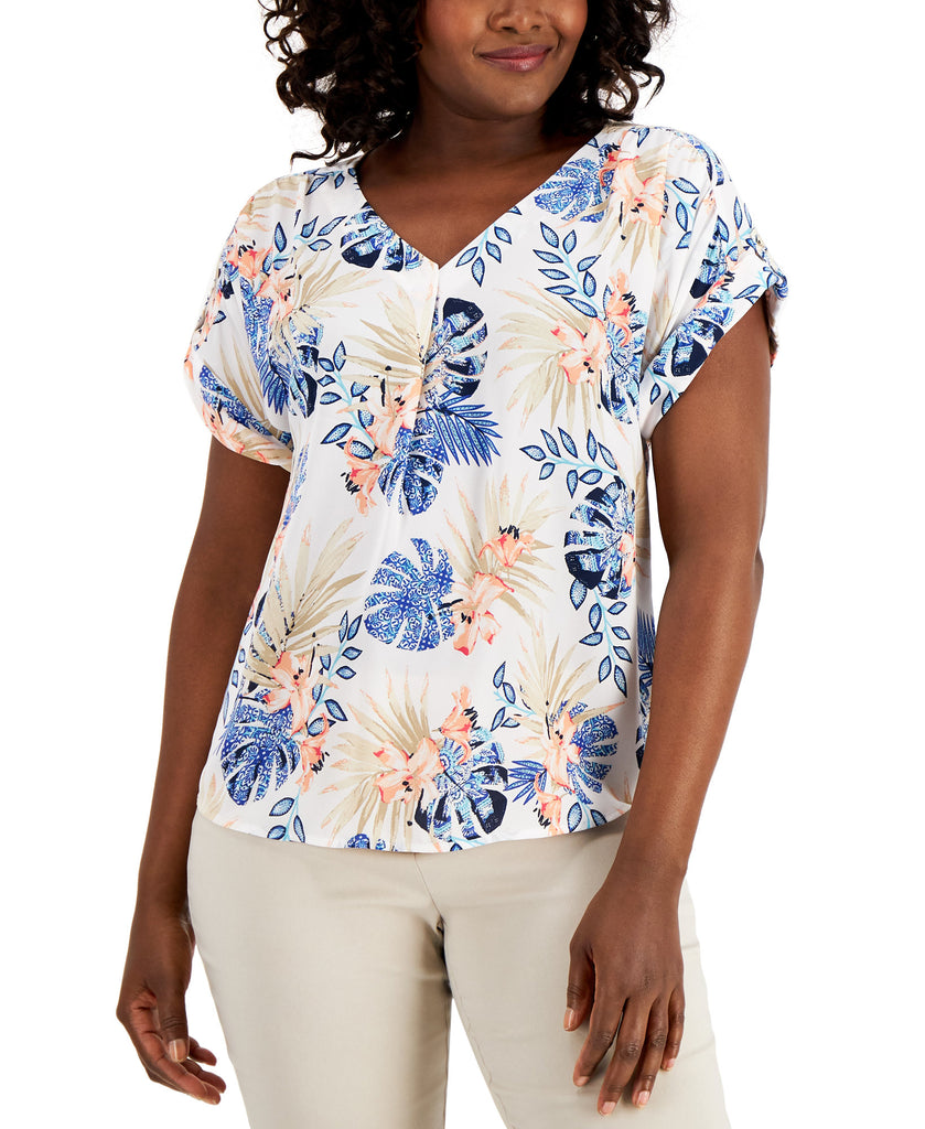 JM Collection Women Mykonos Palm Print Top Bright White Combo