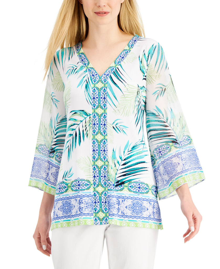 JM Collection Women Printed Chiffon Top Bright White Combo