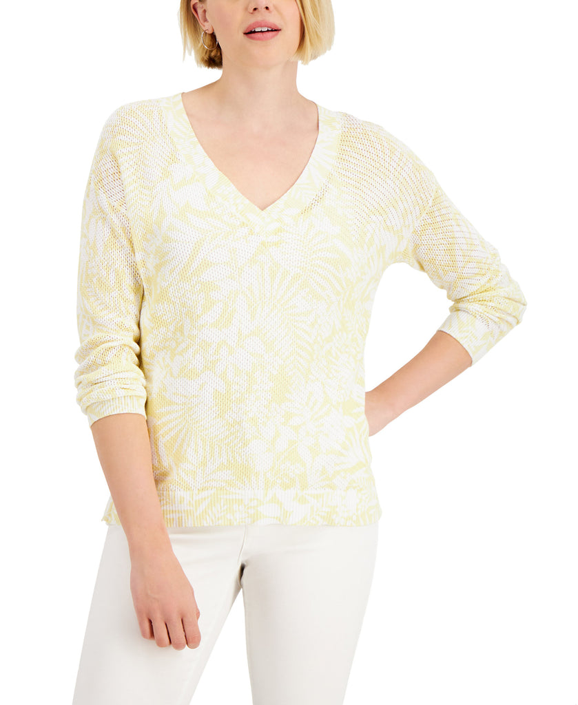 Charter Club Women Cotton Printed Open Knit Sweater Citron Aura