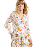 INC International Concepts Women Plus Puff Sleeve Surplice Blouse Sketch Botanical