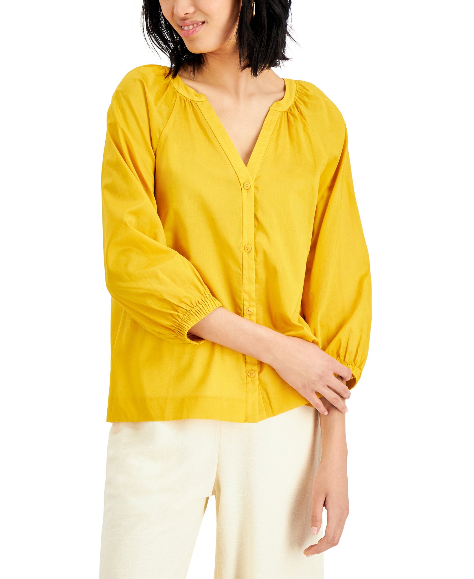 Alfani Women Petite Cotton Y Neck Top Marigold Petal