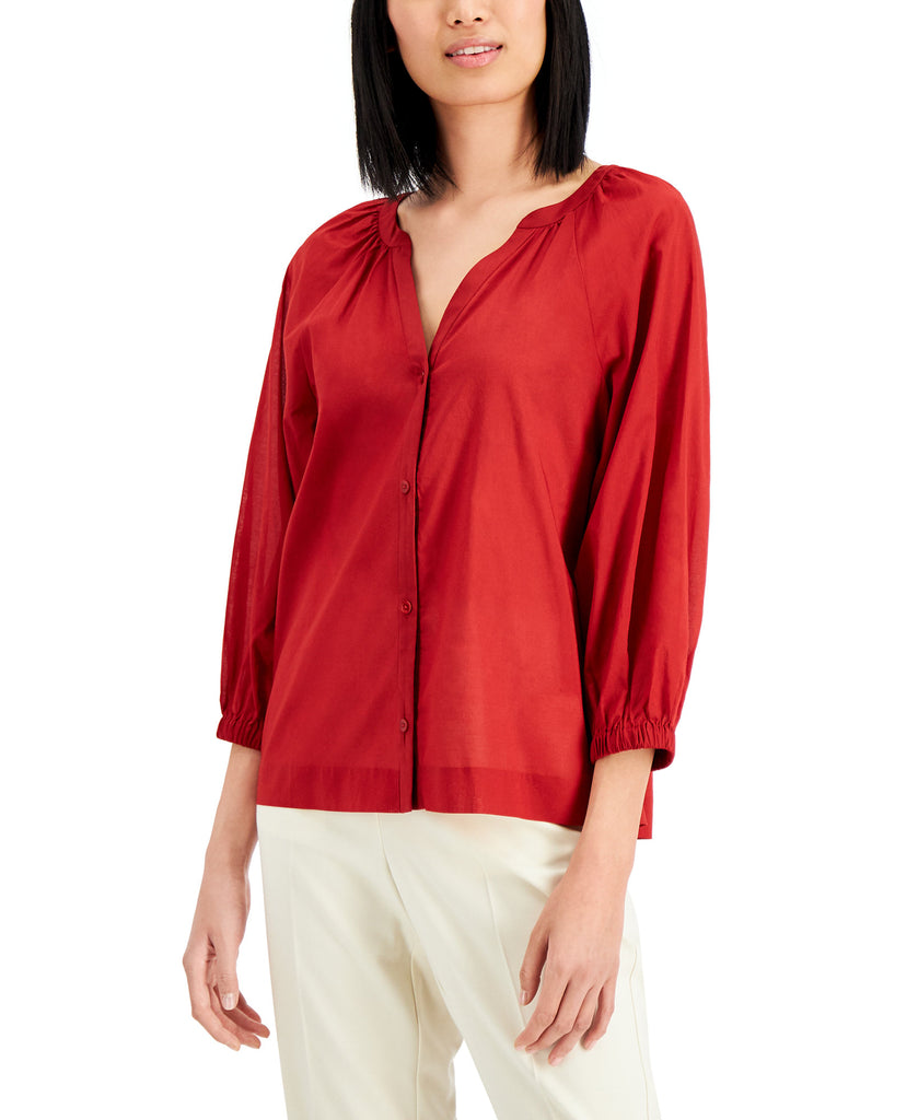 Alfani Women Petite Cotton Y Neck Top Rouge