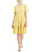 Charter Club Women Split Neck Printed Dress Mist Yellow Combo