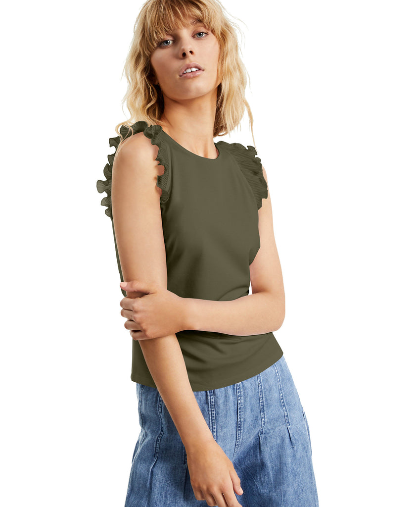 INC International Concepts Women Petite Ruffle Sleeve Tank Burnt Olive