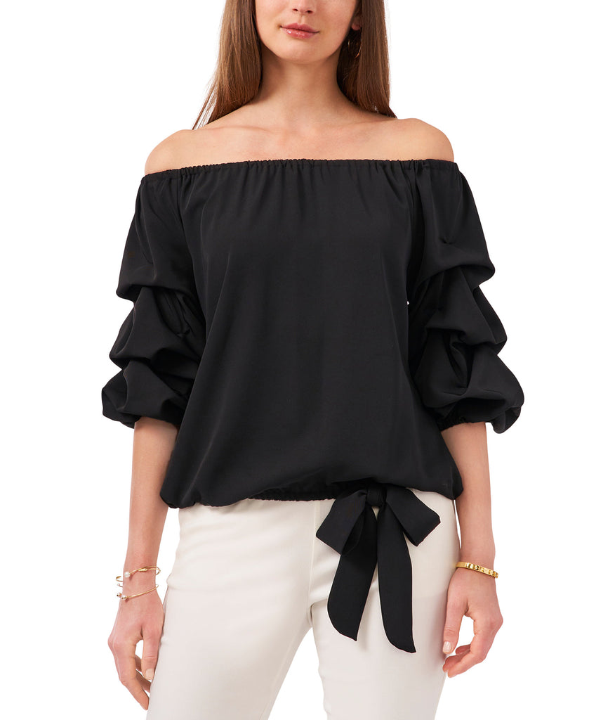 MSK Women Solid Off The Shoulder Bell Sleeve Tie Hem Top Black