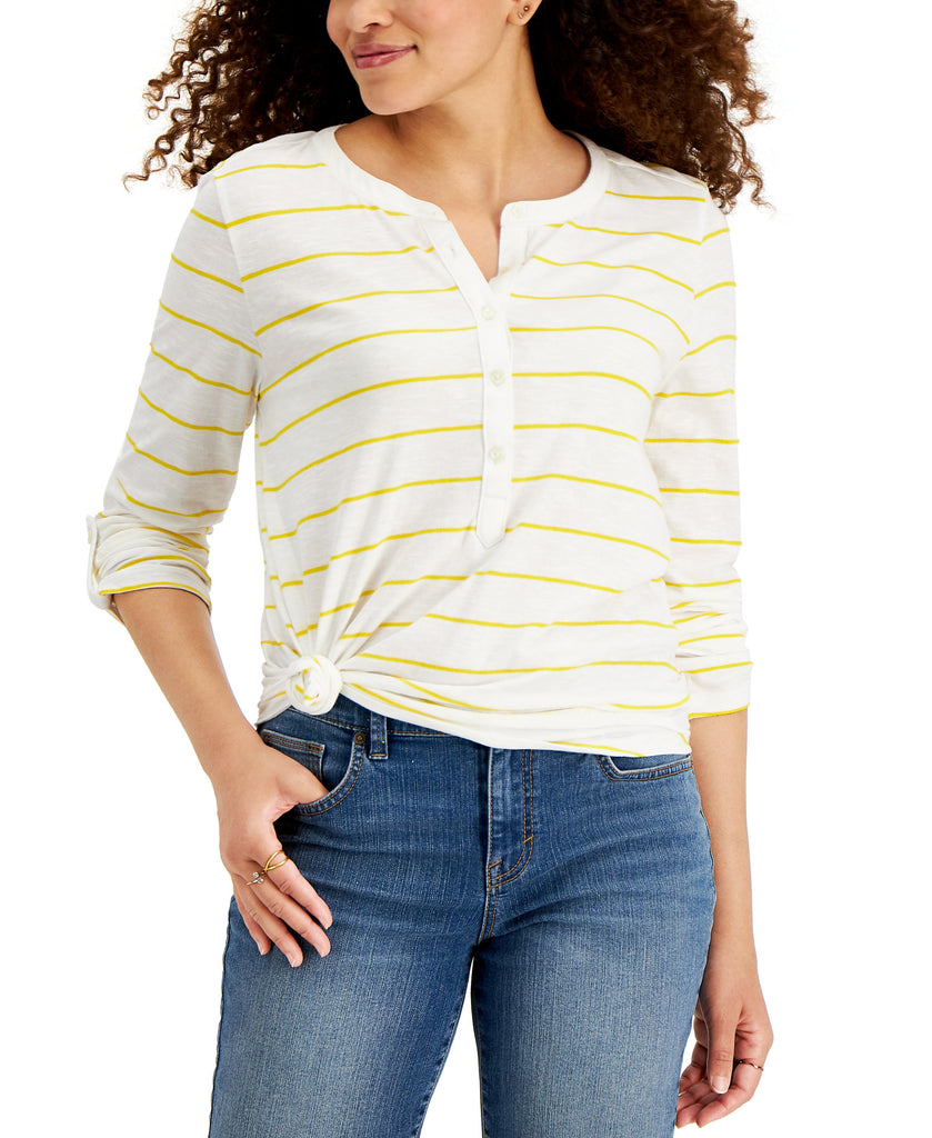 Style & Co Women Petite Cotton Striped Henley T Shirt White Stripe