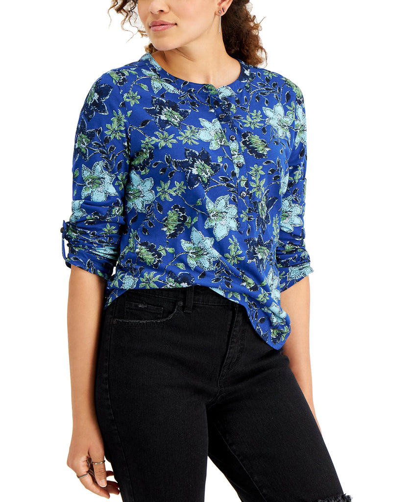 Style-&-Co-Women-Cotton-Printed-Henley-Shirt-Floral-Cobalt