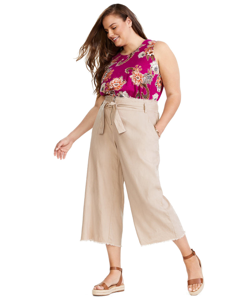 INC International Concepts Women Plus Belted Frayed Hem Culottes Toasted Twine