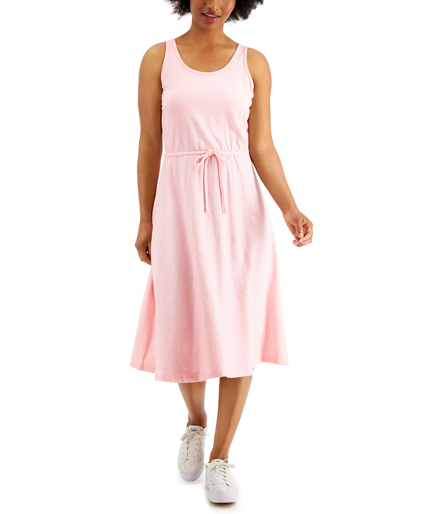 Style & Co Women Drawstring Waist Cotton Midi Dress Pink Icing