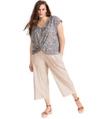 INC International Concepts Women Plus Cotton Knot Hem Top Glam Camo
