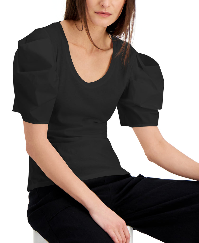 INC International Concepts Women Cotton Poplin Elbow Sleeve Top Deep Black