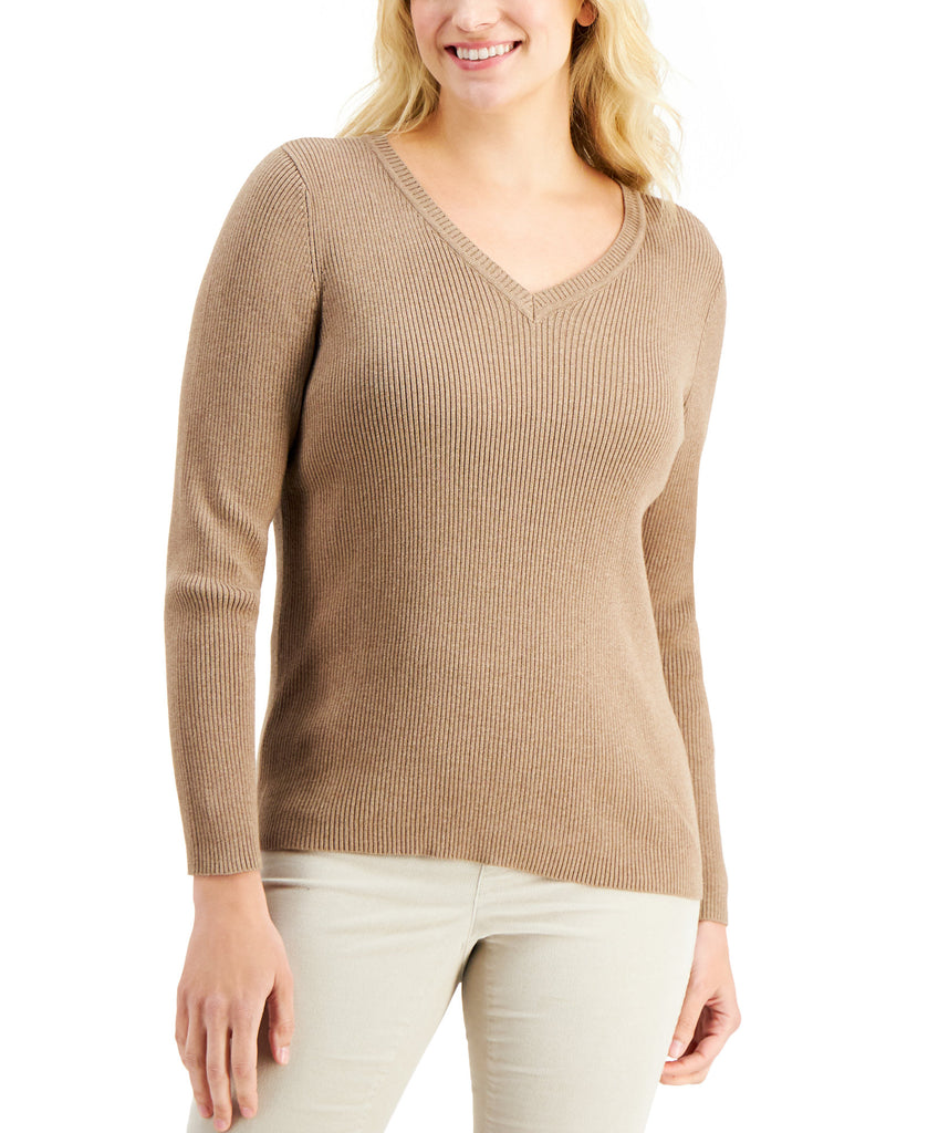 Karen Scott Women Cotton Solid Rib V Neck Sweater Chestnut Heather
