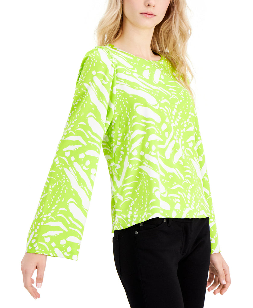 Alfani Women Abstract Print Ruffled Sleeve Blouse Lime Small Jagged