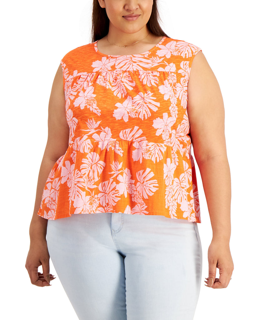 Style & Co Women Plus Printed Peplum Top Breezy Orange