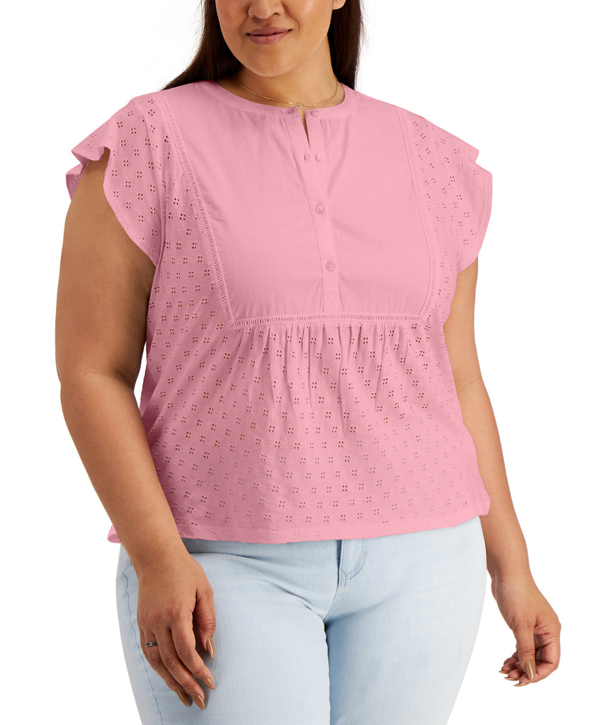 Style & Co Women Plus Cotton Eyelet Top Pink Icing