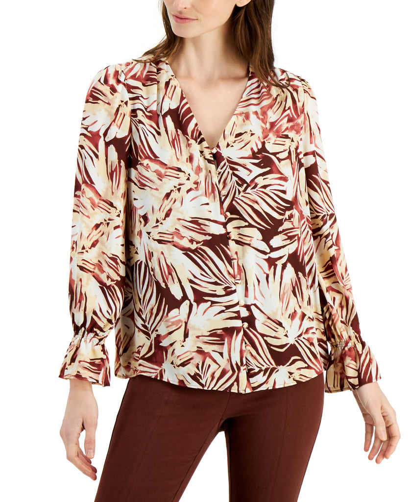 Alfani Women Printed Button Front Shirt Brown Dream