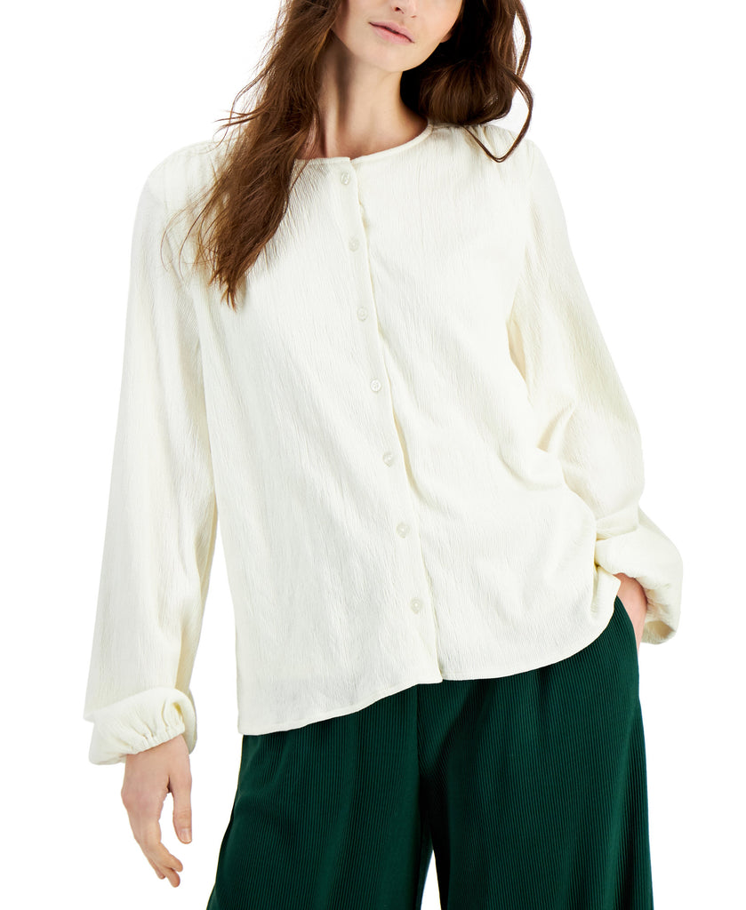 Alfani Women Textured Balloon Sleeve Button Front Top Antique White