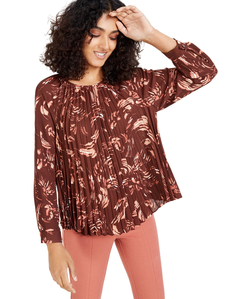 Alfani Women Abstract Print Pleated Top Brown Super Swirl