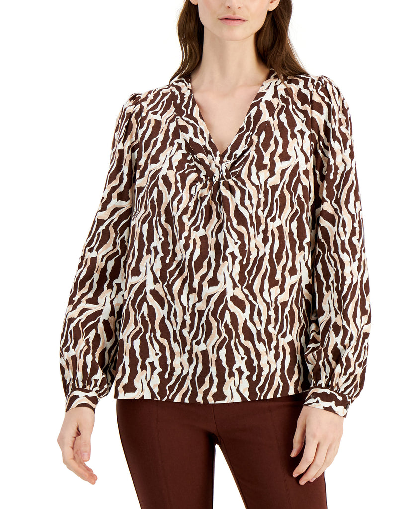 Alfani Women Printed Blouson Sleeve Top Brown Animal Tie