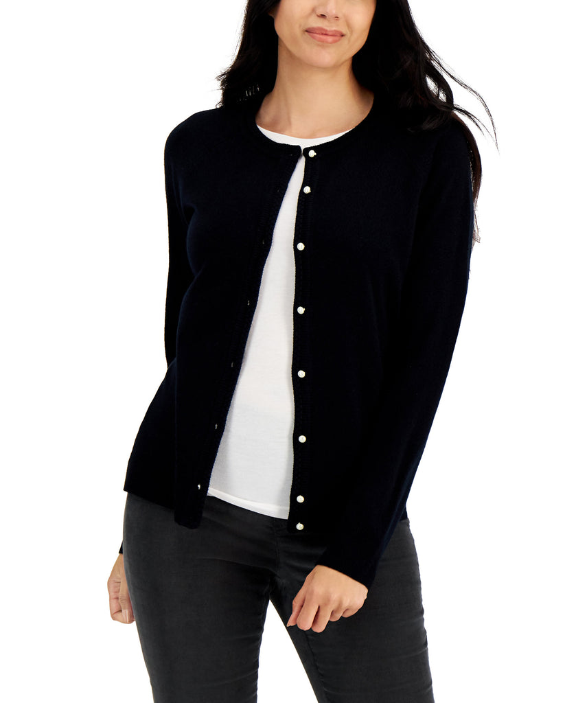 Karen Scott Women Pearlized Button Cardigan Luxsoft Black