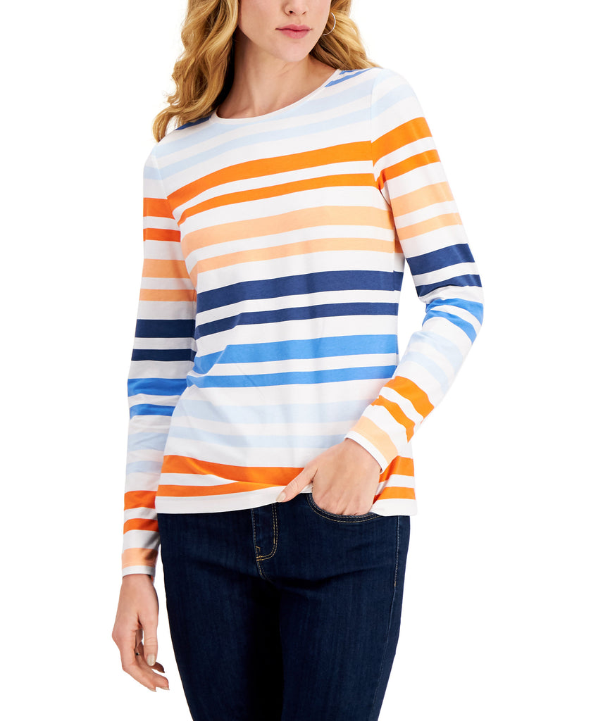 Style & Co Women Striped Long Sleeve Top Surf Stripe White