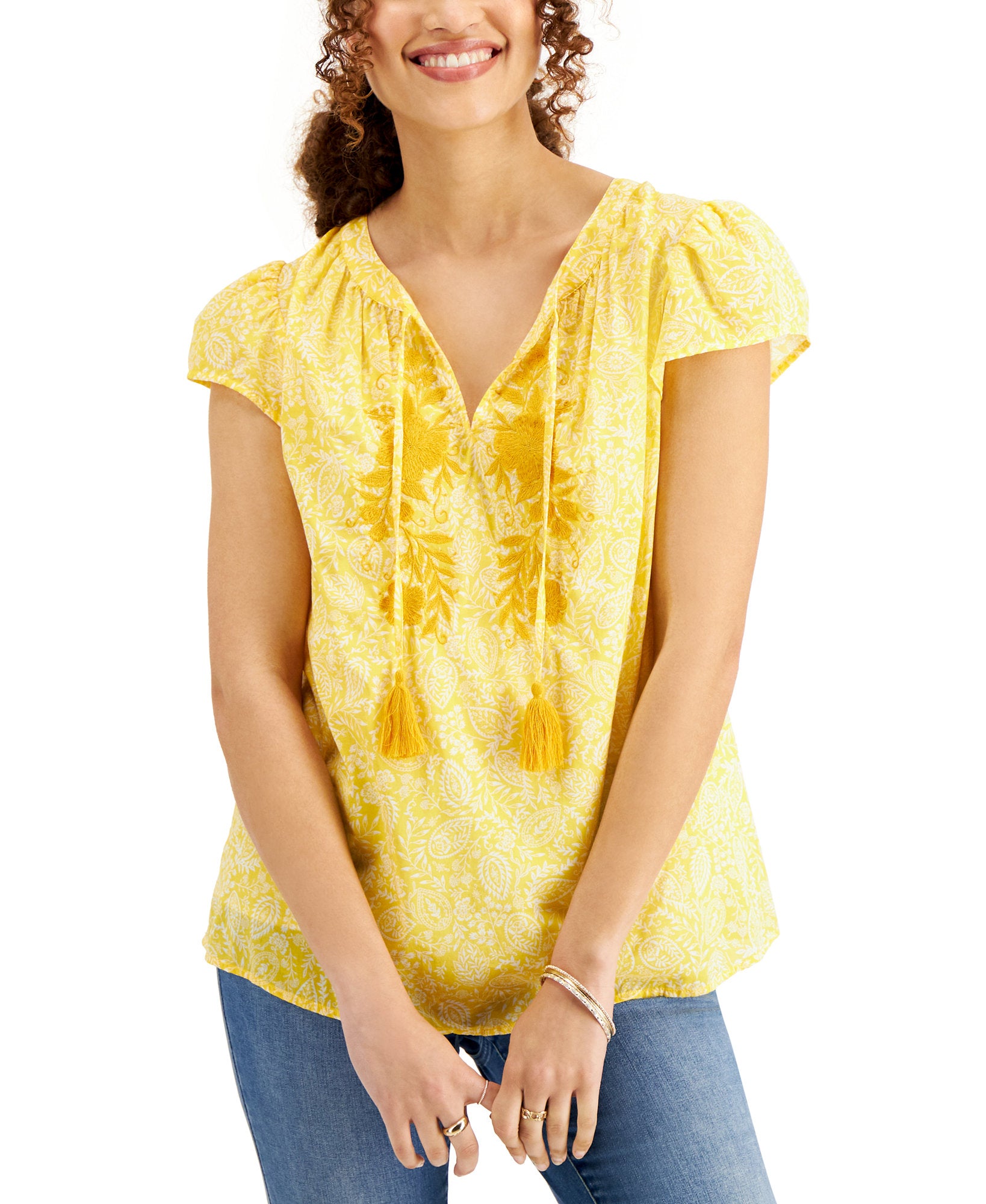 Style & Co Women Plus Tassel Peasant Top Daisy Daze