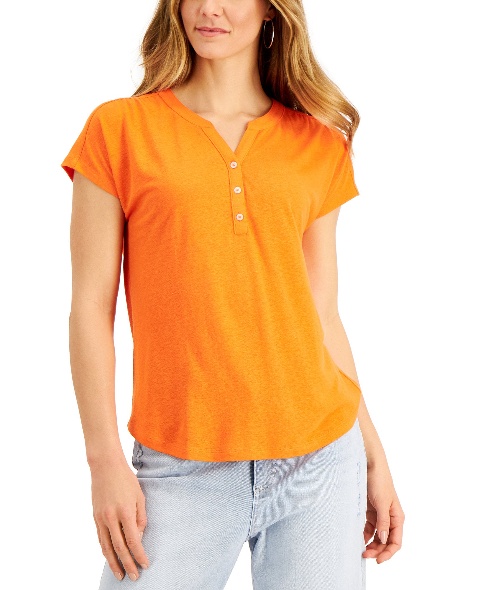Style & Co Women Dolman Sleeve Henley Linen Blend Top Wild Orange