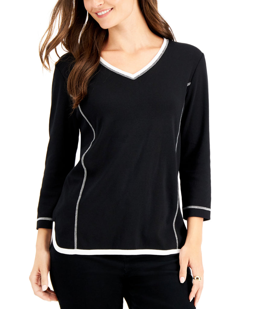 Karen Scott Women Contrast Trim V Neck Top Deep Black