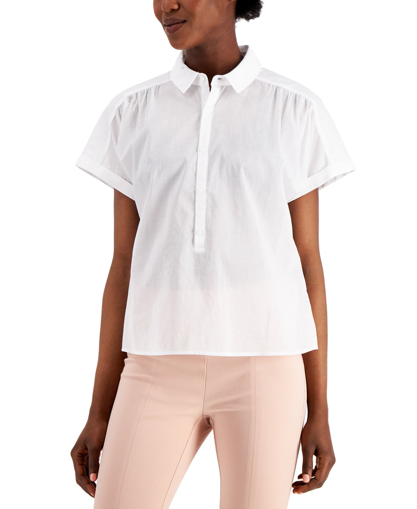 Alfani Women Cotton Collared Top Bright White Combo